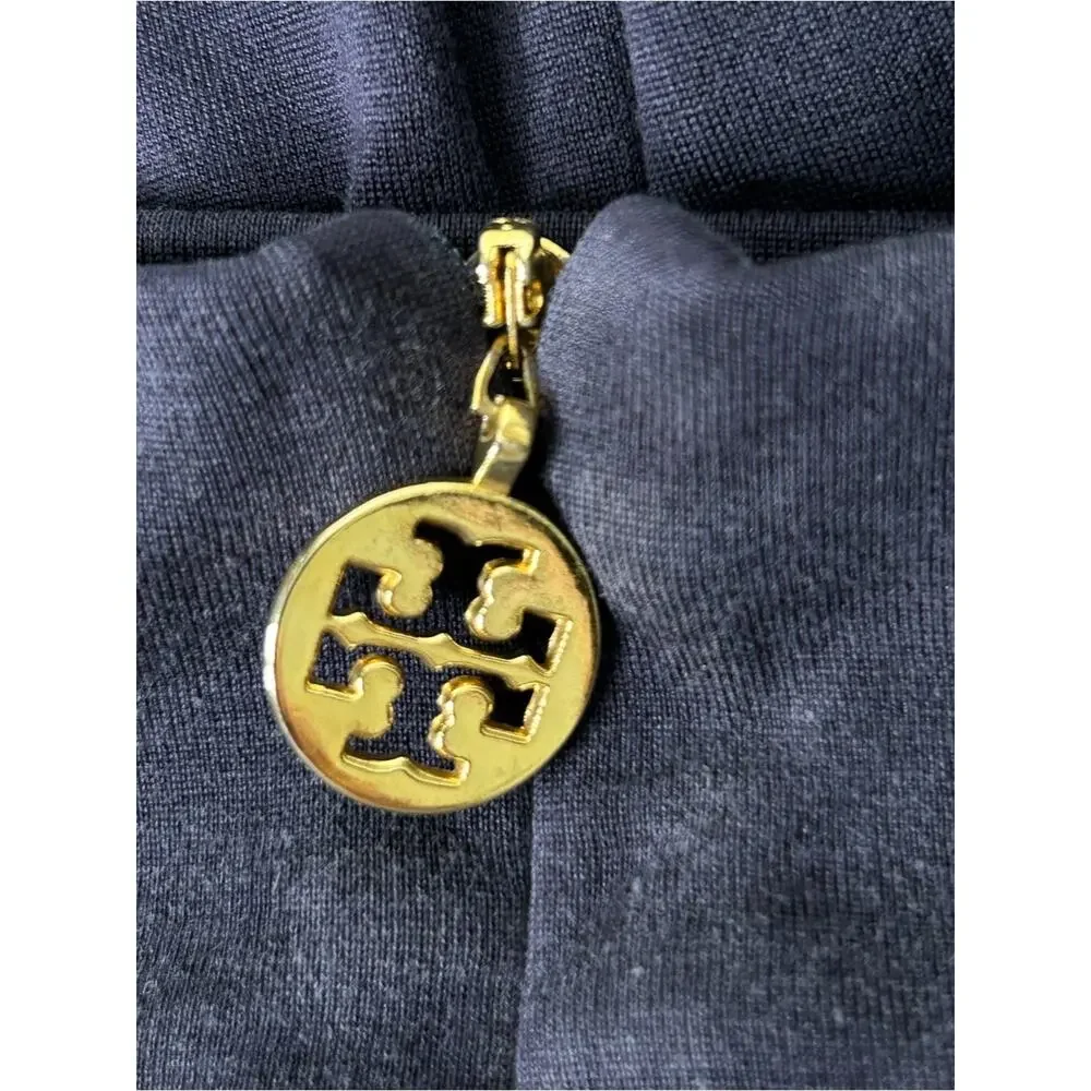 Tory Burch Navy Silk Zipper Mock Neck Long Sleeve Top M
